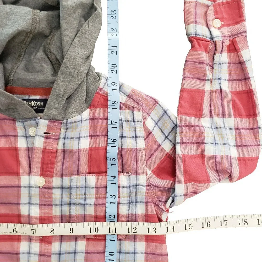 OshKosh Boys Size 7 Plaid Hooded Shirt Red Blue Button Down